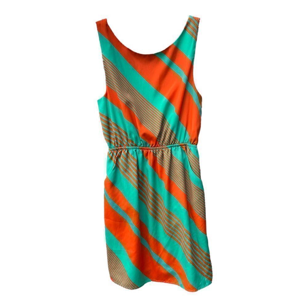 EVERLY Dress Sleeveless Teal Orange Jagged Stripes A Line Elastic Waist Women